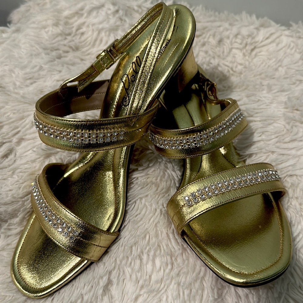 Vintage Polly of California Gold Leather Strappy Heels with Sparkly Rhinestones - Picture 3 of 13